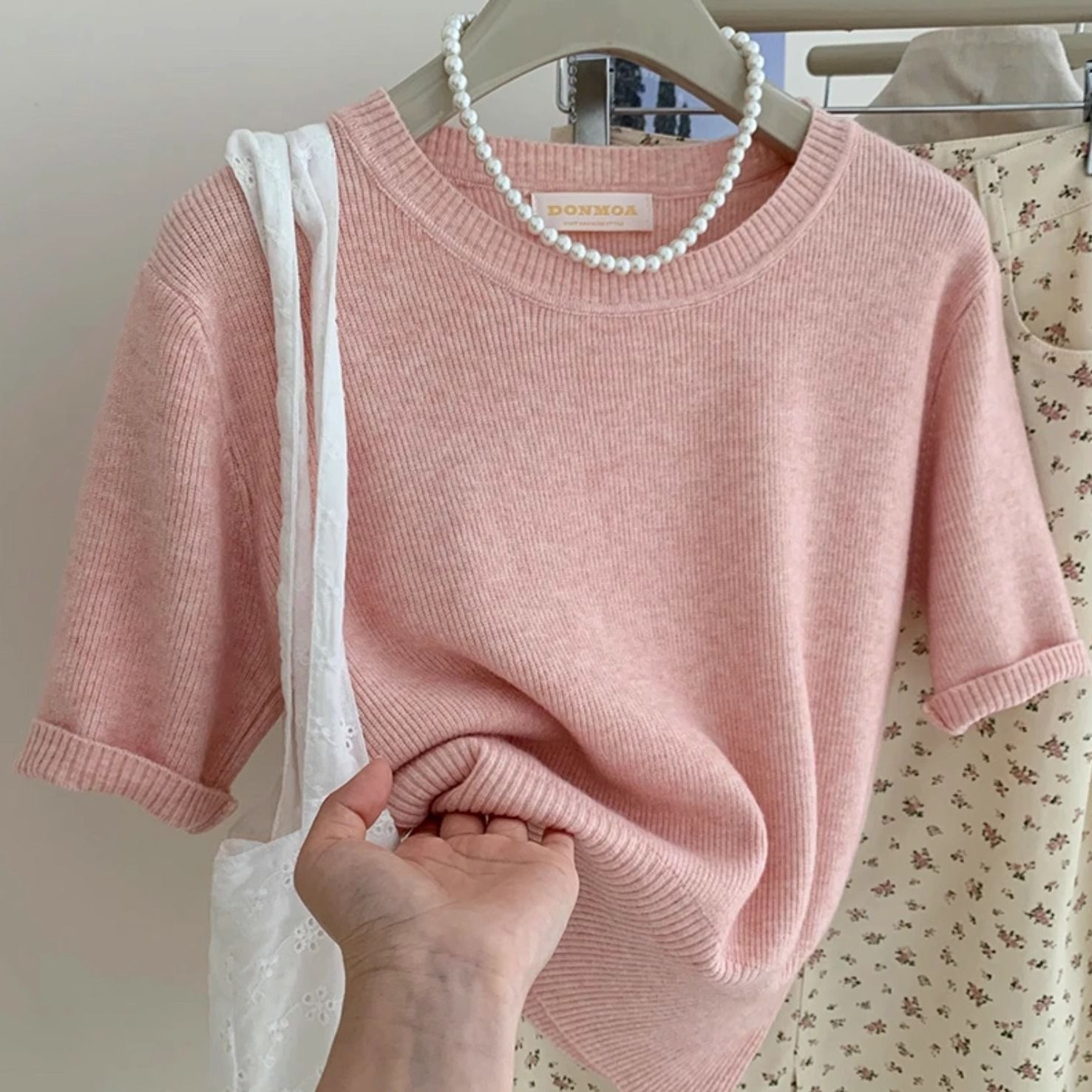 韩系简约温柔混羊毛绒短袖针织小衫女春秋内外穿百搭打底T恤上衣