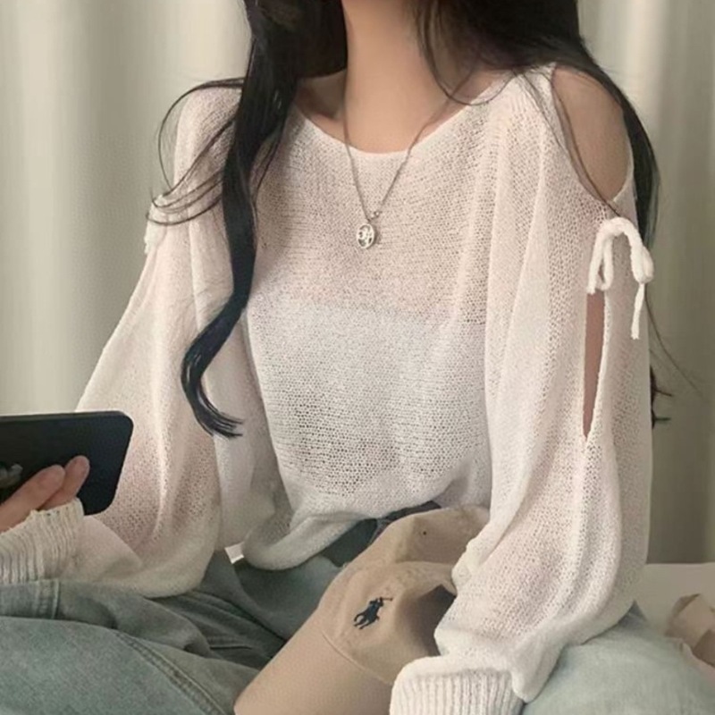 单件早秋韩版甜美露锁骨系带宽松轻薄针织衫外搭时尚辣妹镂空上衣|undefined