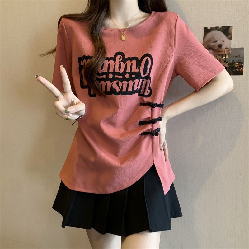 Plus-Size Women's Clothing with Belly-Covering Button Design, Printed Maternity Shirt, Slimming Waist, Irregular and Unique Top