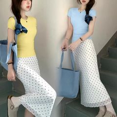 韩系温柔气质波点半身裙女2025春款高腰设计感显瘦小个子套装