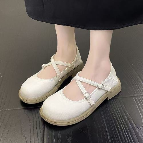 Women's scented shallow mouth small leather shoes with delicate bottom Mary Jane bean thick comfortable summer single shoes with cross straps