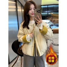 2025秋冬新款撞色拼接包边棉服外套女小个子轻薄短款时尚棉衣上衣