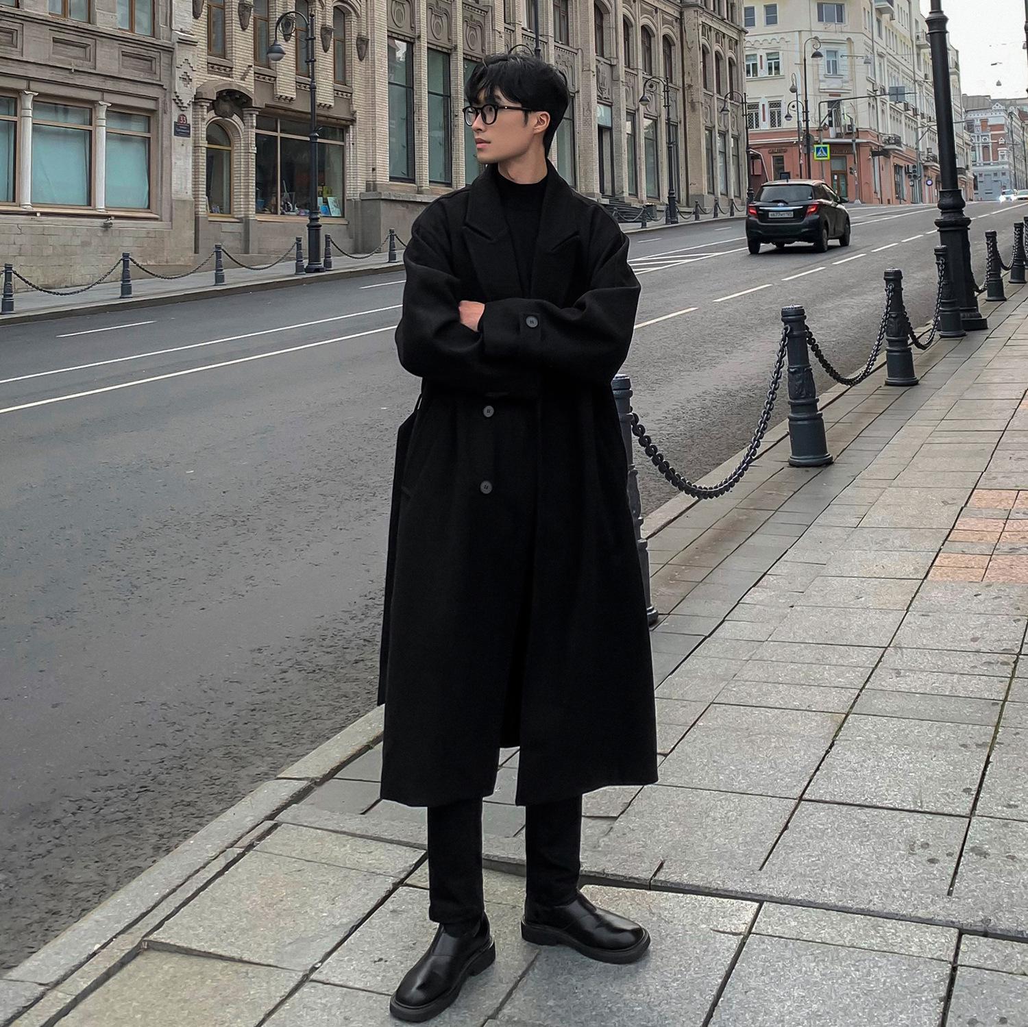 F370 2025秋冬の新型韓国版英倫風韓系の中のミディアムウールのコートの男性は膝を越えてコートします。