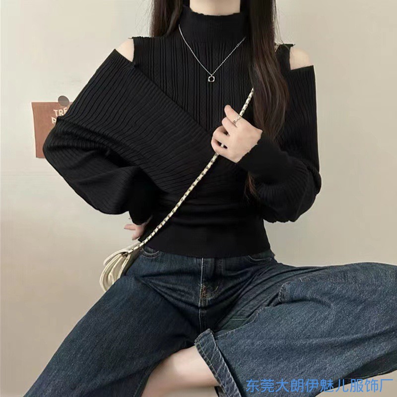 秋冬季今年流行毛衣镂空半高领露肩假两件针织衫短款内搭女装上衣