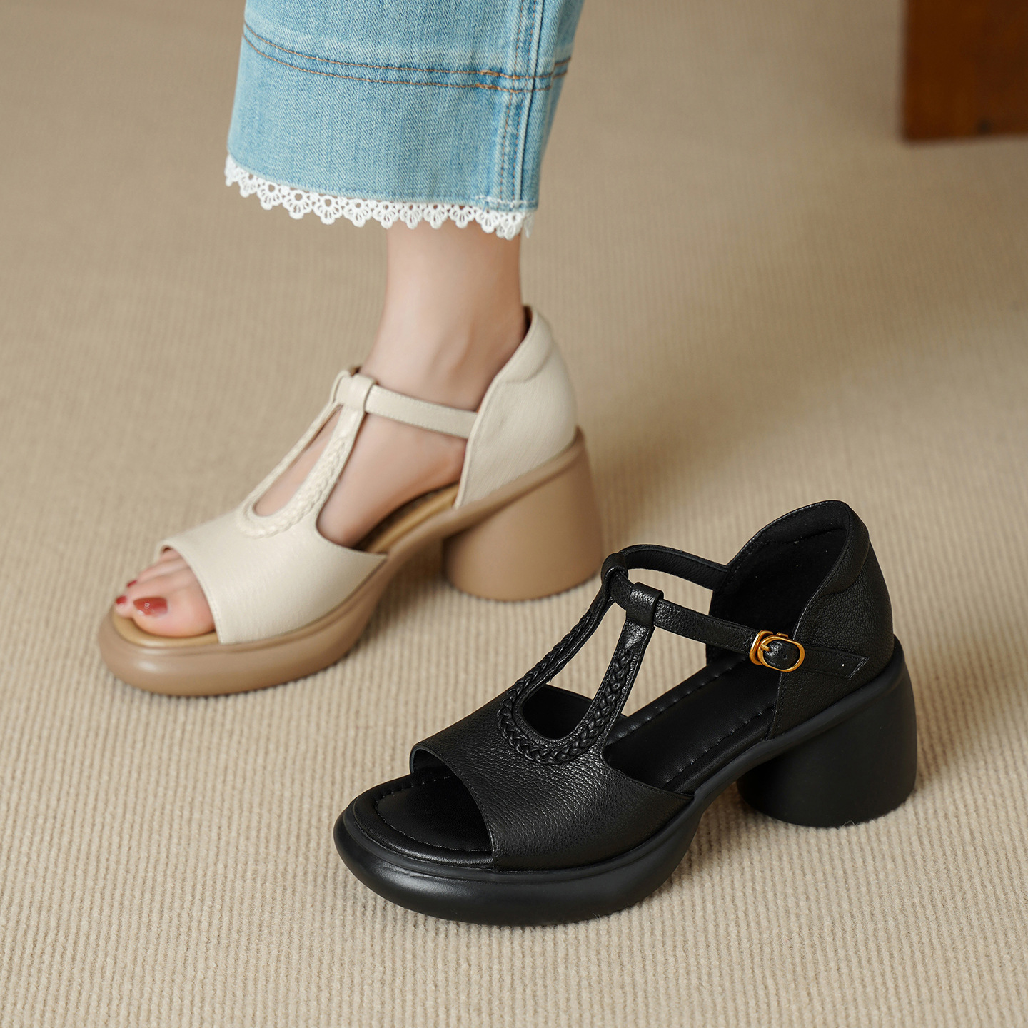 Sandal cao gót nữ quai ngang da cừu gót dày 7 cm, kiểu dáng thời trang — đen