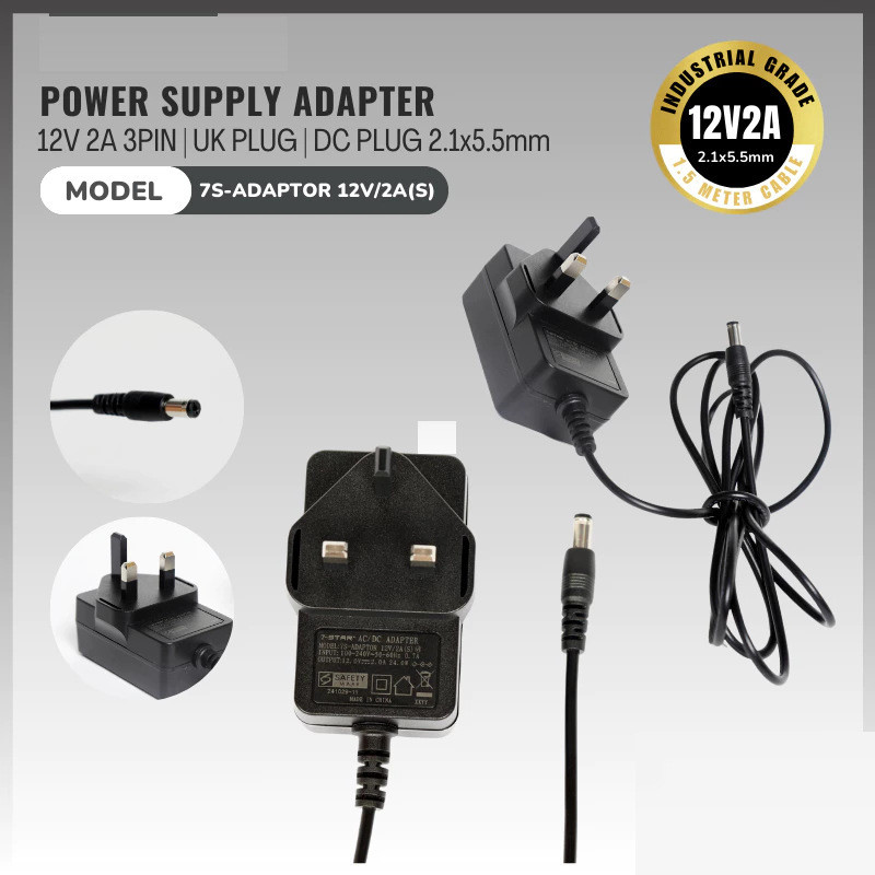 12V 2A Power Adapter 3-pin British Standard Plug 2.1*5.5mm Safety Certified Adapter 12V 2A Power Adapter 3-pin British Standard Plug 2.1*5.5mm Safety Certified Adapter