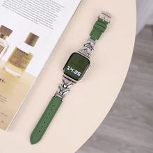 适用苹果手表表带iwatch8765代真皮金属不锈钢树叶拼皮小众细款se