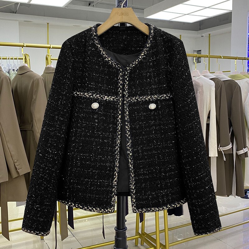 Chanel-Style Black Woolen Short Coat for Women, Korean Version, Tweed Trendy Blazer, Simple and Versatile Chanel-Style Black Woolen Short Coat for Women, Korean Version, Tweed Trendy Blazer, Simple and Versatile