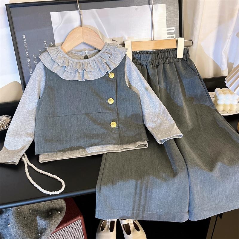 2025 Autumn New Korean Style Girls' Fashionable Lace Collar Long-Sleeved Suit Vest and Pants Three-Piece Set