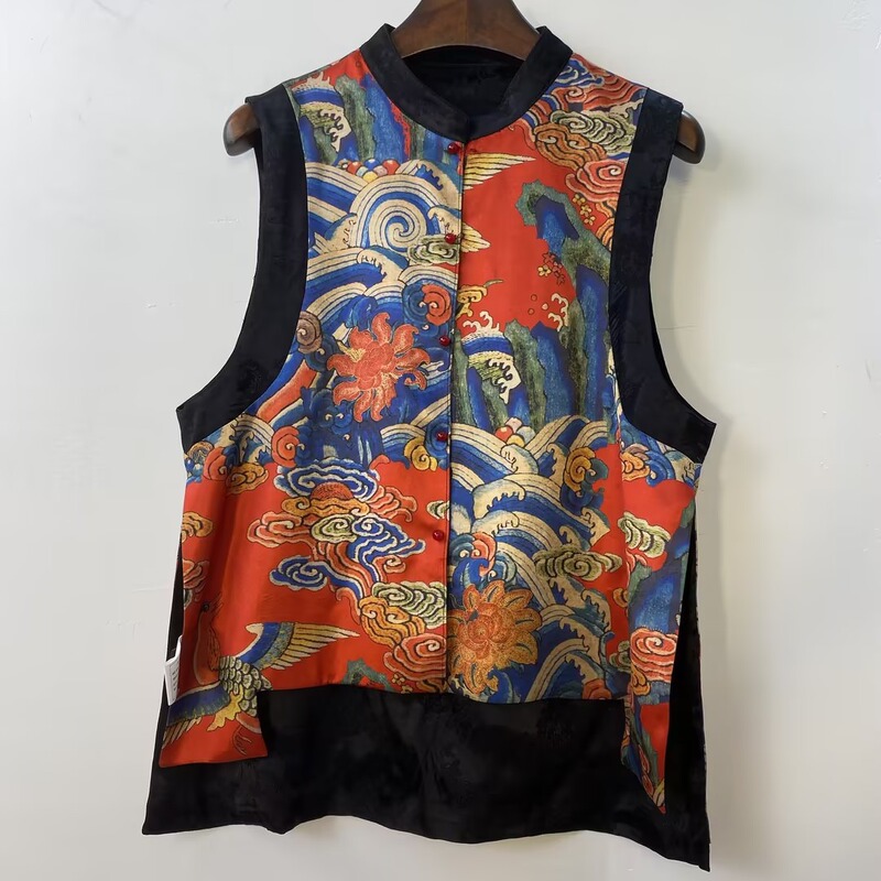 2024 spring and summer new crane Xiangyun double-sided wear vest women's stand collar sleeveless cardigan National style waistcoat double-sided wear