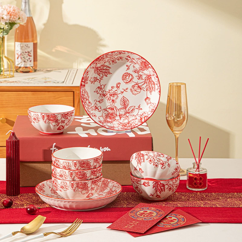 Ceramic Tableware Festive Gift Set, Dinnerware for 4–6, Bowls Plates Spoons & Gift Bag