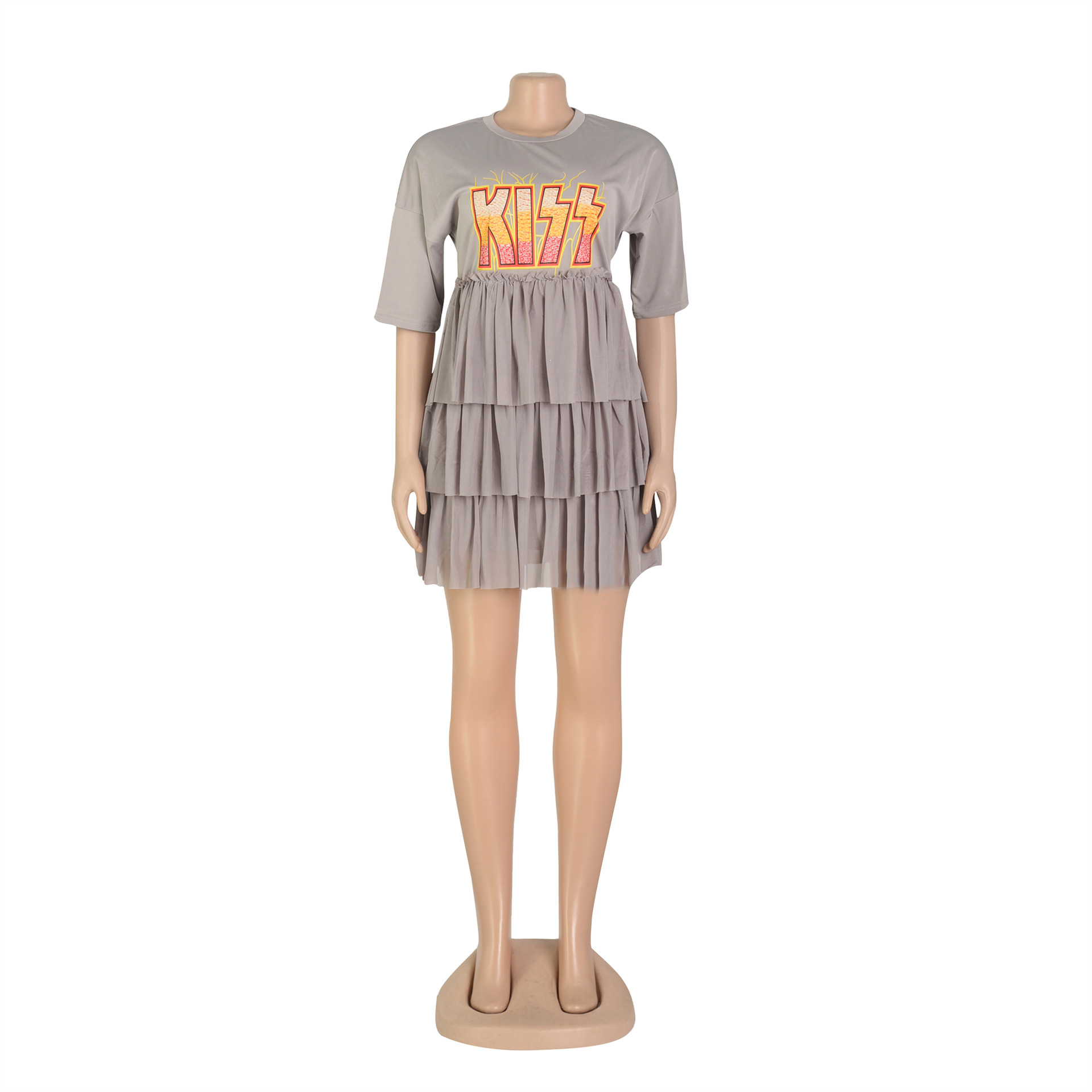 Women Clothing Printed Tiered Dress Mesh Dress T shirt Dress Summer