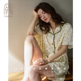 妮狄娅睡衣女夏季凉感柔软棉短袖短裤甜美清新时尚外穿家居服套装
