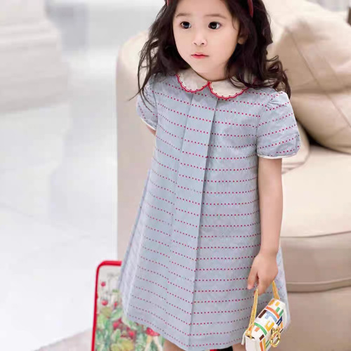 Girls' Italian polka dot curved print collar light blue short sleeve dress summer college style short skirt children's clothing