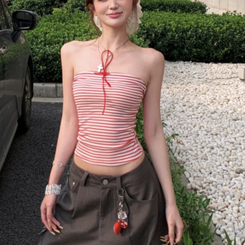 Hot Girl Style Striped Tube Top 2026 Fashion Trend Summer Slim Fit Tie-Up Sleeveless Vest Plus Size Inner Wear Hot Girl Style Striped Tube Top 2026 Fashion Trend Summer Slim Fit Tie-Up Sleeveless Vest Plus Size Inner Wear