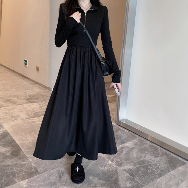 春秋2025法式新款修身显瘦Polo领拉链长裙纯欲过膝简约韩版连衣裙|undefined