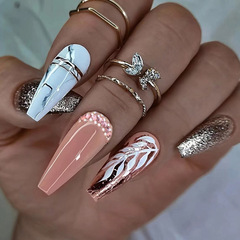 Long ballet fashion champagne shimmer rhinestones marbled irregular crack false nails flash nail