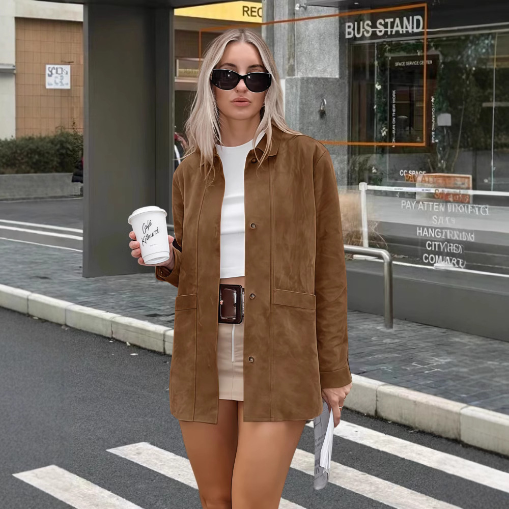 Maillard Commuter Suede Casual Jacket Women 2025 Spring New Fashion Loose Lapel Long Sleeve Suit