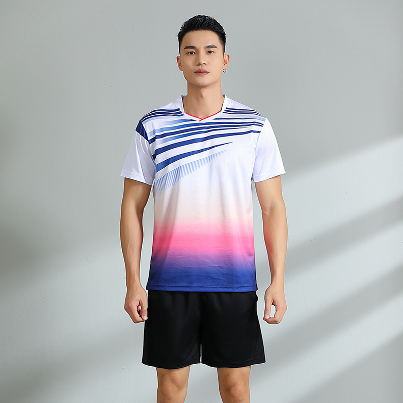 Nuevo conjunto de bádminton hombre y mujer ropa deportiva transpirable manga corta uniforme de entrenamiento de estudiantes impresión número de comercio exterior