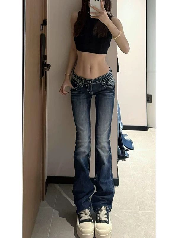 ​​Women's Y2K Low Waist Embroidered Flared Jeans – Vintage Bluish Denim Wide Leg Pants (S-XL)​​_mkmklike.com