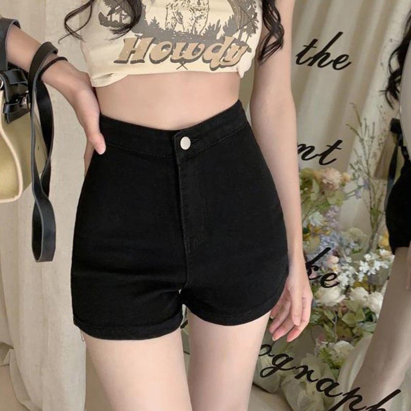 Black a-Shaped Denim Shorts Women's Summer Spice Girls Elastic High Waist Slimming Small Hot Pants Straight-Leg Wide-Leg Pants