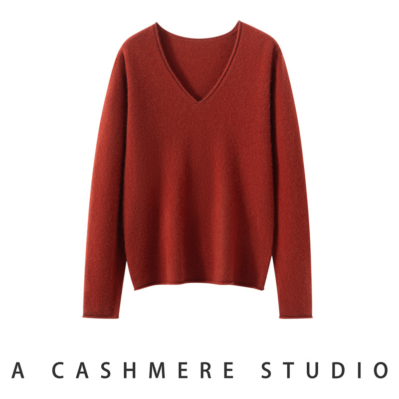 Lekasha cashmere women's rolled hem knitted base shirt V-neck pullover loose versatile sweater