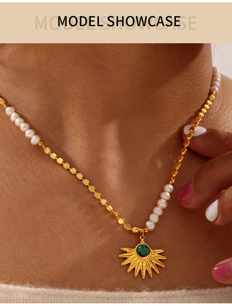 欧美新款时尚轻奢风天然虎眼石吊坠淡水珍珠串珠铜材质项链饰品详情7