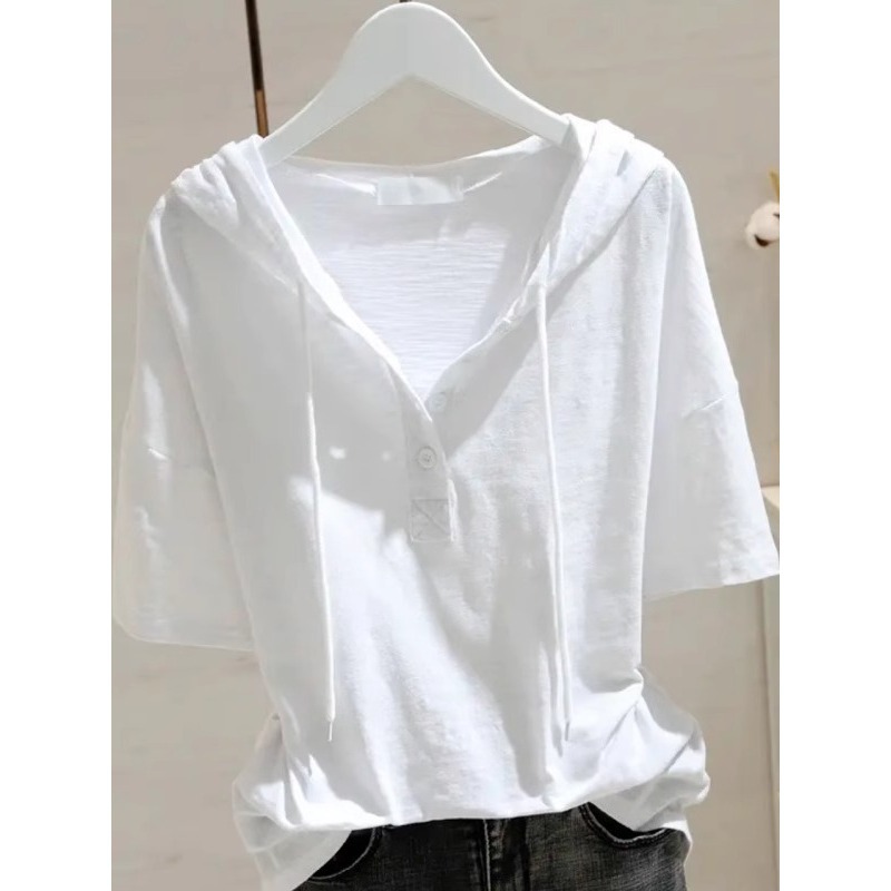 Áo thun nữ cotton 100% tay ngắn có mũ trùm đầu form rộng — Màu đen ((bông tre, mỏng và thoáng khí))