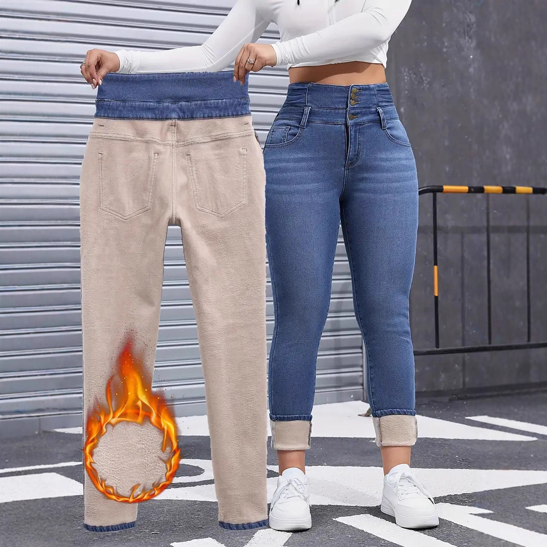 Fashion Versatile Women's Skinny Jeans Fleece Lined Elastic Waist Multi Button Solid Color Autumn Winter New Style_ecoleips.com