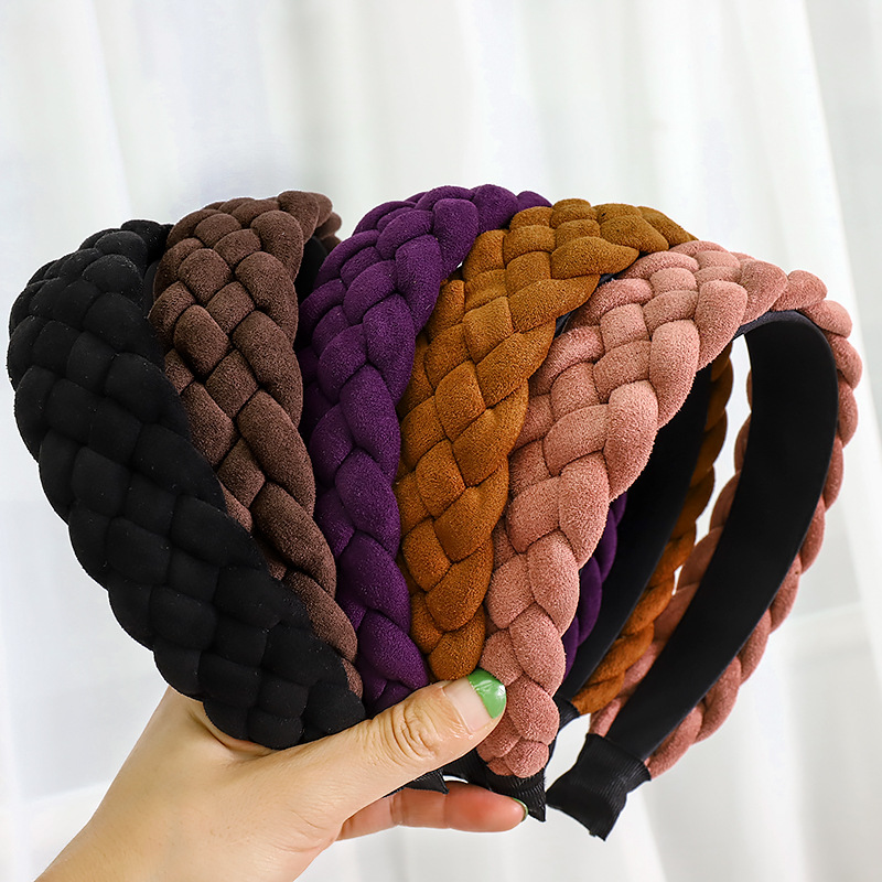 European And American New Style Solid Color Braided Wide Brim Press Hair Wash Headband Wholesale display picture 17