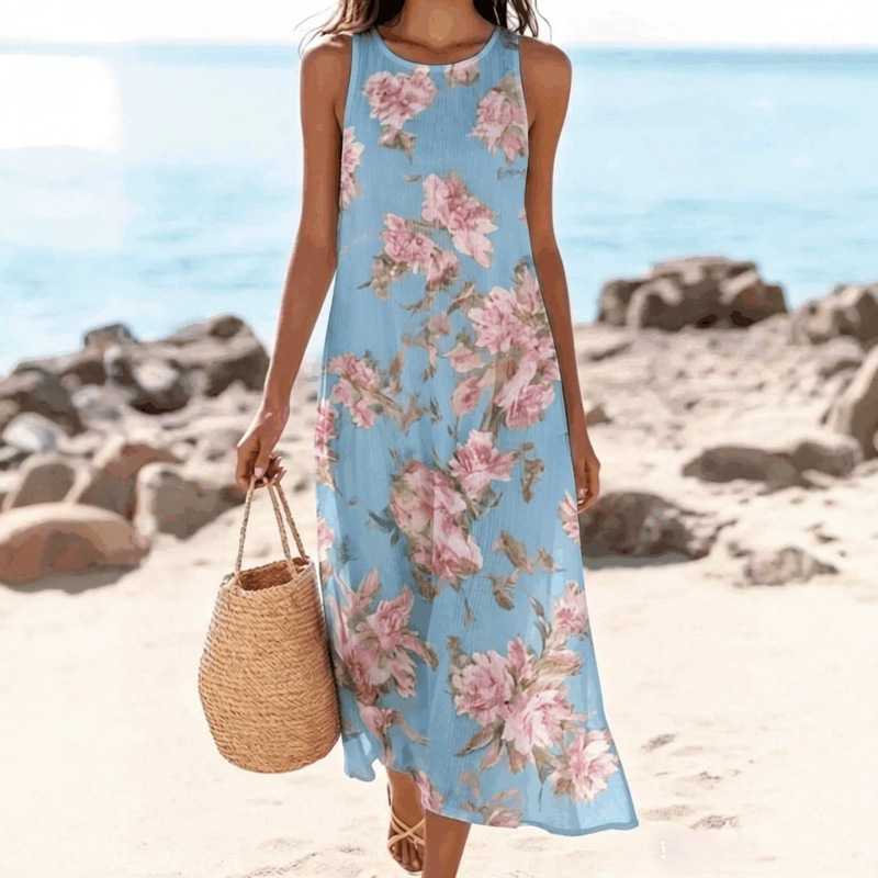 2026 European and American Cross-Border New Women's Floral Print Sleeveless Maxi Dress Casual Beach Dress