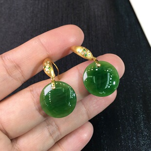 Fubei Diamond Jewelry [18K Gold Inlaid Hetian Jasper Earrings] Bare Stone Size 18*5mm Weight 6.2g Spicy Green