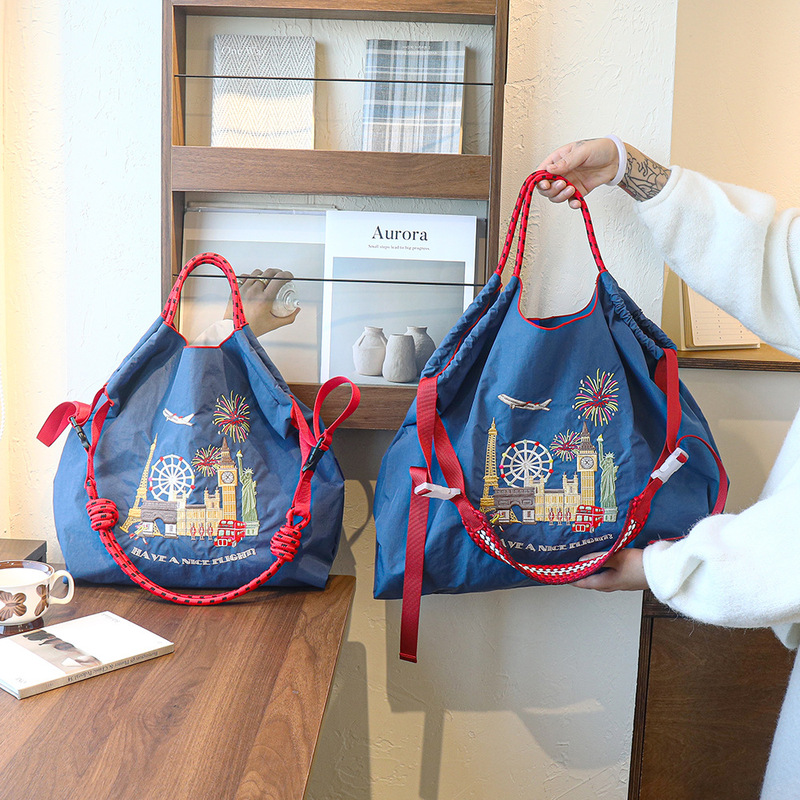 2026 Summer New Japanese Style Nylon Embroidered Bag Fashionable Versatile Niche Large Capacity Single Shoulder Shopping Bag for Women Trendy