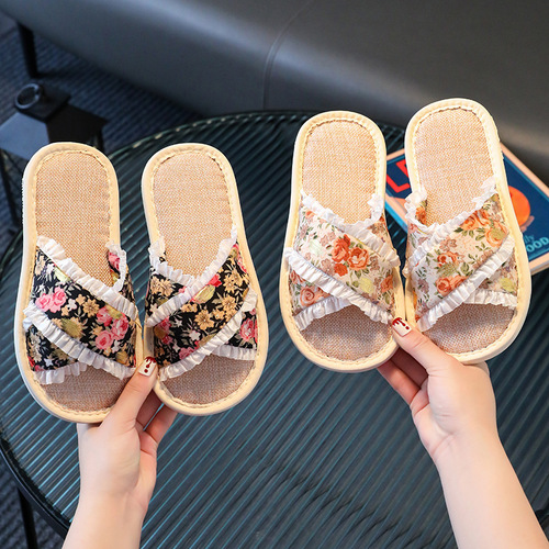 New linen slippers for girls and children, Korean version  wear-resistant, non-slip, sweat-absorbent, breathable cotton and linen slippers for home use