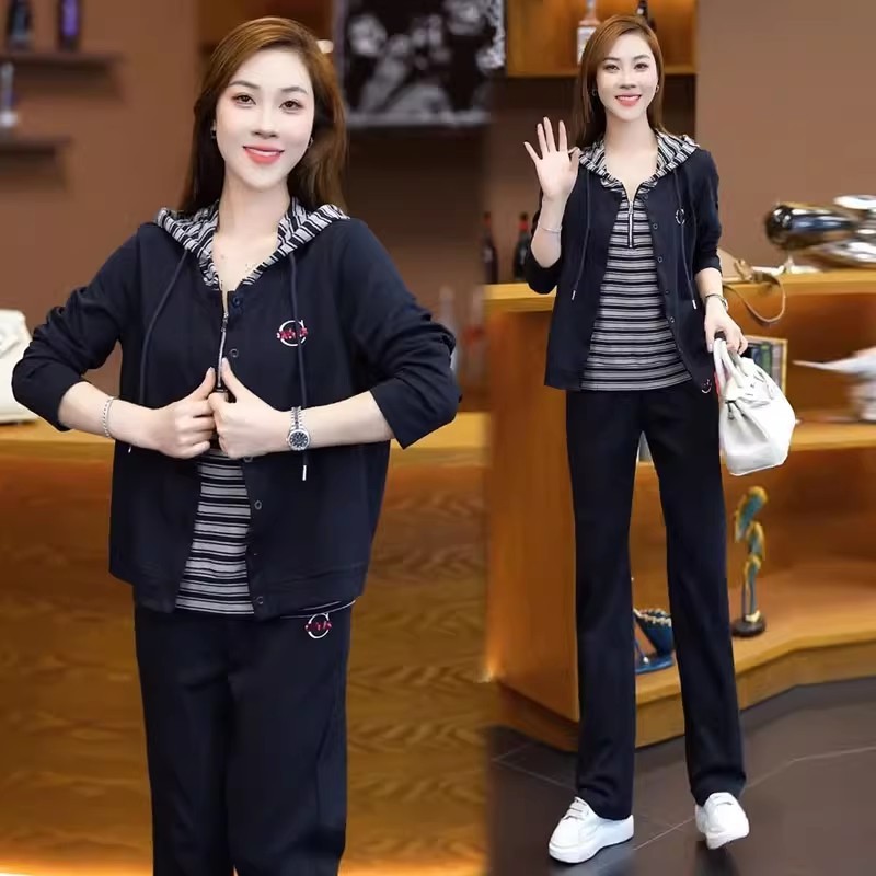时尚休闲套装女2025秋季新款条纹拼接假两件上衣阔腿裤运动两件套|undefined