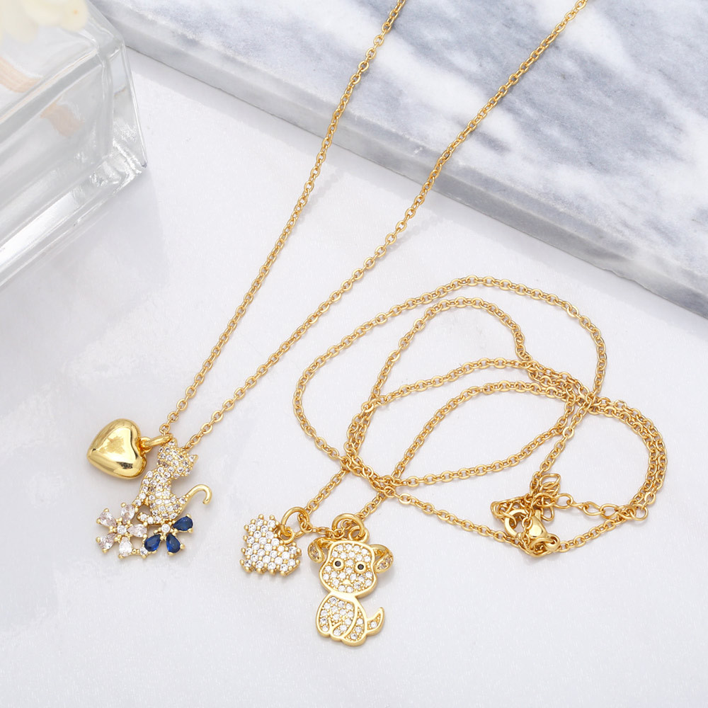 cute animal diamond-encrusted heart shape kitten puppy double pendant copper necklace collarbone cha