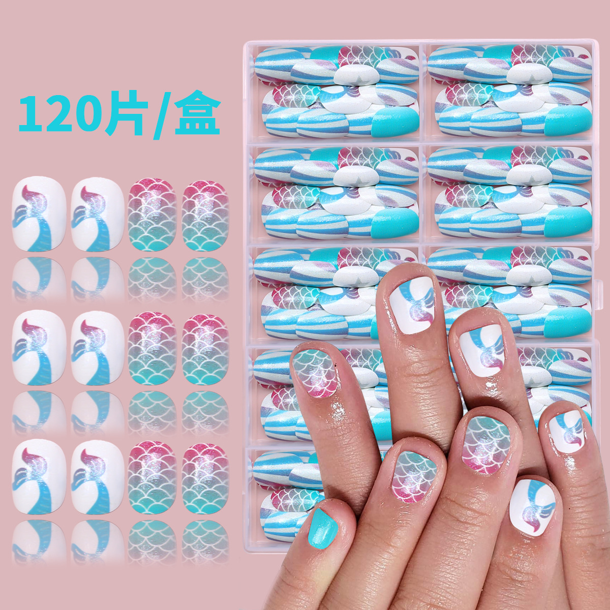 Nuevo niño impresión UV desgaste de uñas 120 piezas de caja de uñas falsas lindas dibujos animados mezclados parches de uñas