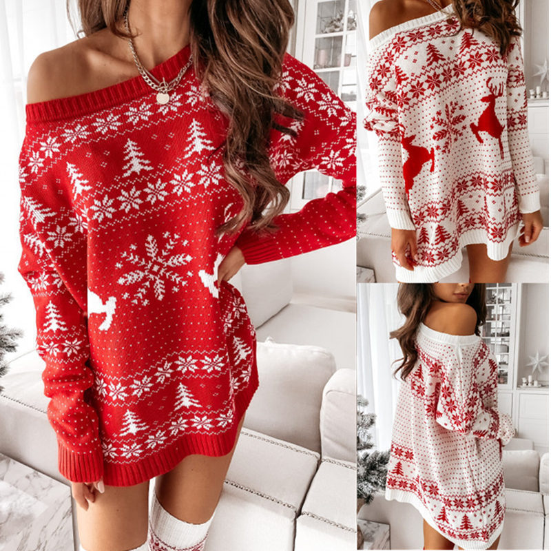 2022 Autumn and Winter New Knitted Sweater Women wish European and American Women Christmas Jacquard Loose Knitted Long Sleeve Dress 2022 Autumn and Winter New Knitted Sweater Women wish European and American Women Christmas Jacquard Loose Knitted Long Sleeve Dress