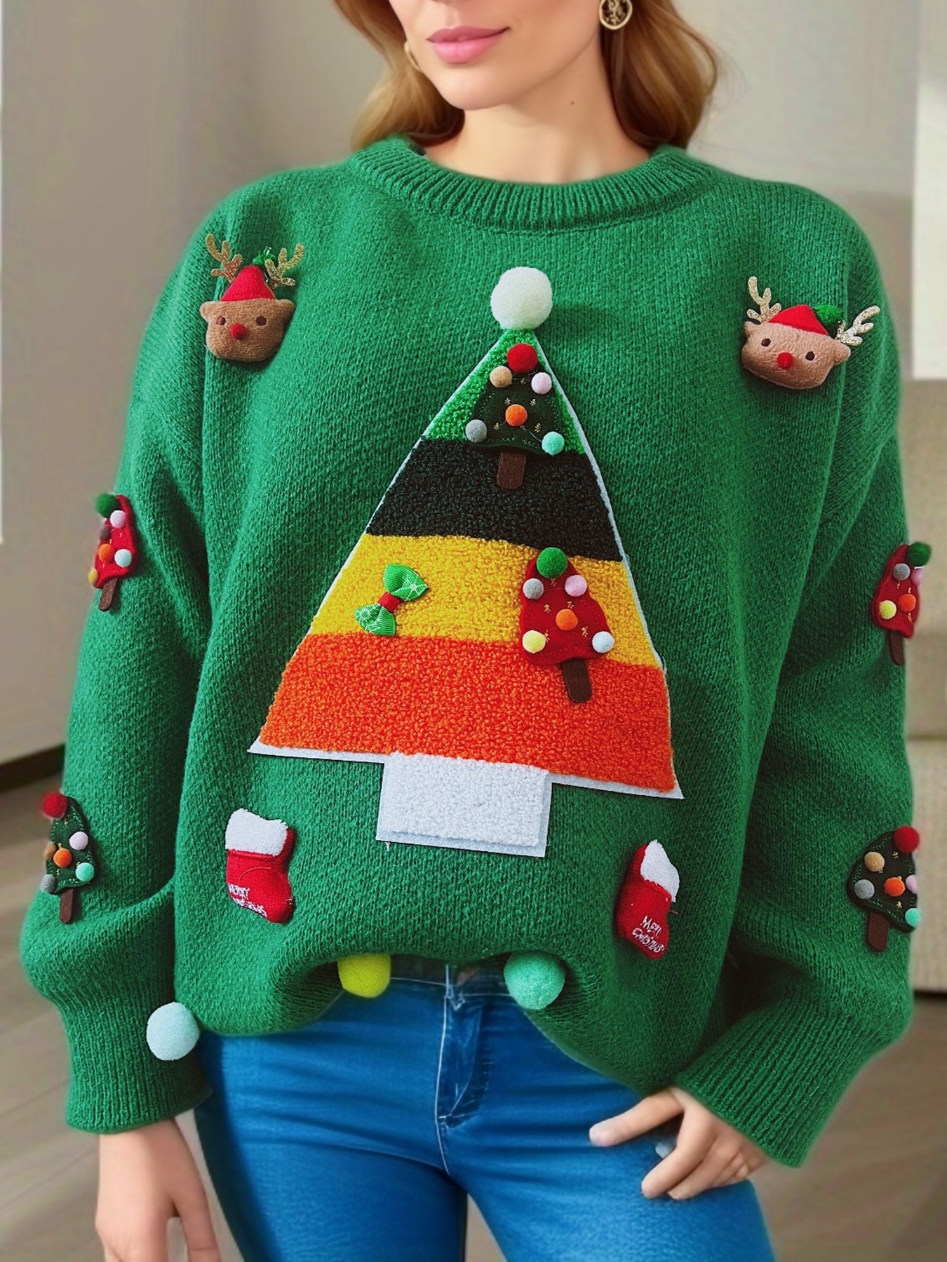 Christmas Sweater For Women Decorative Tree Knit Pullover_voghion.com
