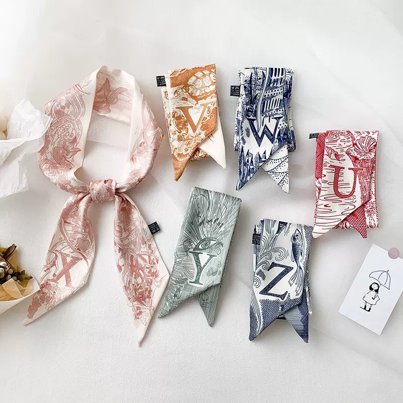 2024新款字母丝巾蝴蝶结扎发绑包飘带高级感长条丝带百搭气质领巾