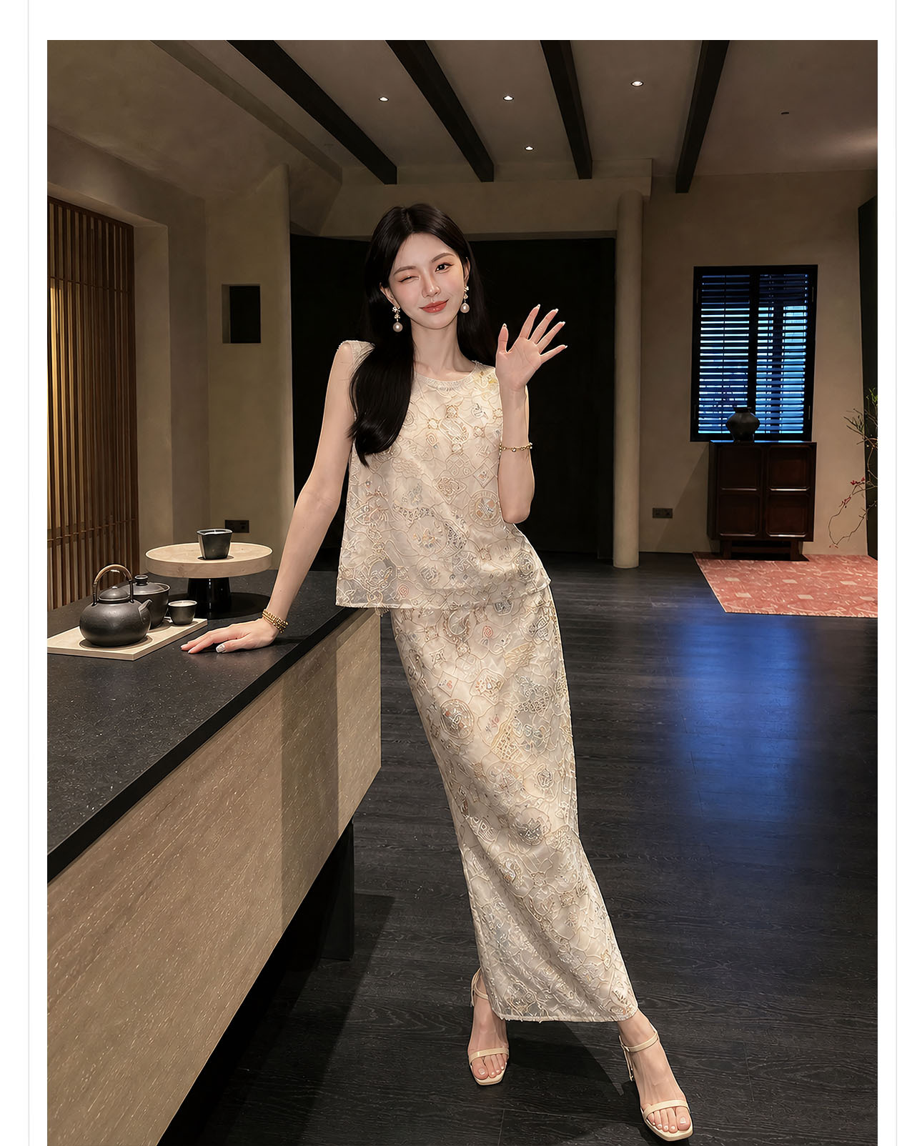 Bộ áo vest không tay và chân váy midi thêu ren cườm phong cách Tân Trung Hoa — bộ đồ, nửa váy, Trang chủ chi tiết 5