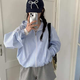 韩系chic蝴蝶结绣花条纹连帽式外套女春季新款减龄气质抽绳防晒上