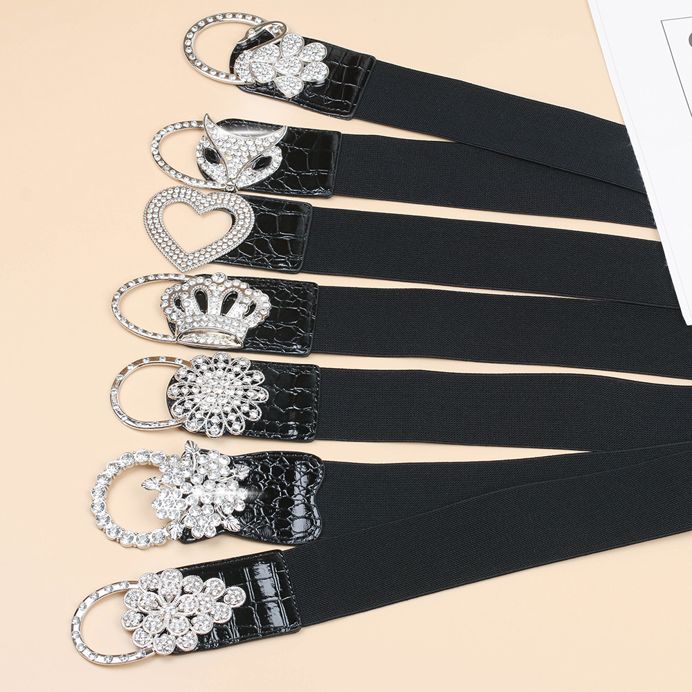 Cintura larga elastica nera alla moda da donna con decorazioni di diamanti, vestito, cappotto, chiusura in vita, strass, ragazza alla moda e paffuta_voghion.com