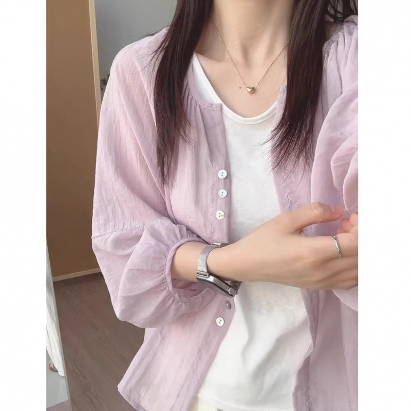 女性用日焼け止めシャツジャケット、夏用軽量カーディガン、ゆったりとした万能な長袖シャツ、ノーカラーショートトップ|undefined