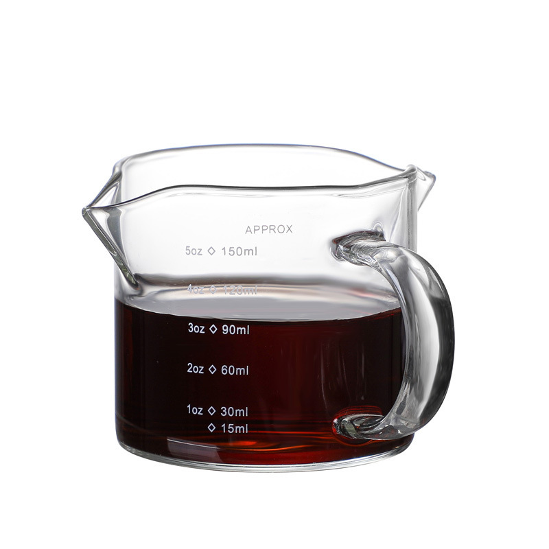 Resistente al calor doble boquilla de agua pequeña taza de leche taza de medición de vidrio de borosilicato con mango de escala 75ml 150ml taza de café concentrada