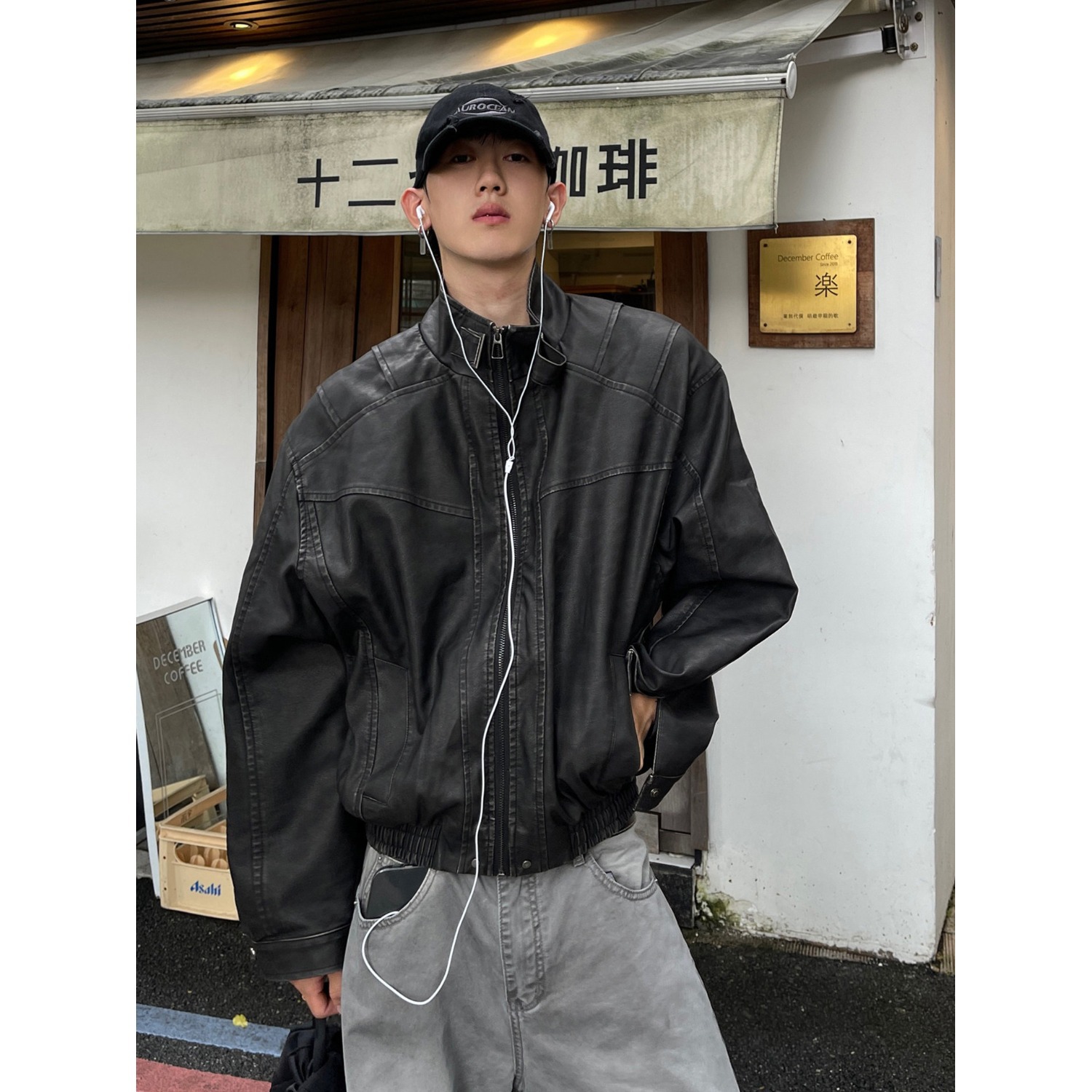 American Retro Loose-Fitting Deconstructed Pu Leather Design Stand-Collar Biker Leather Jacket Unisex Boxy Short Wide Coat Trendy