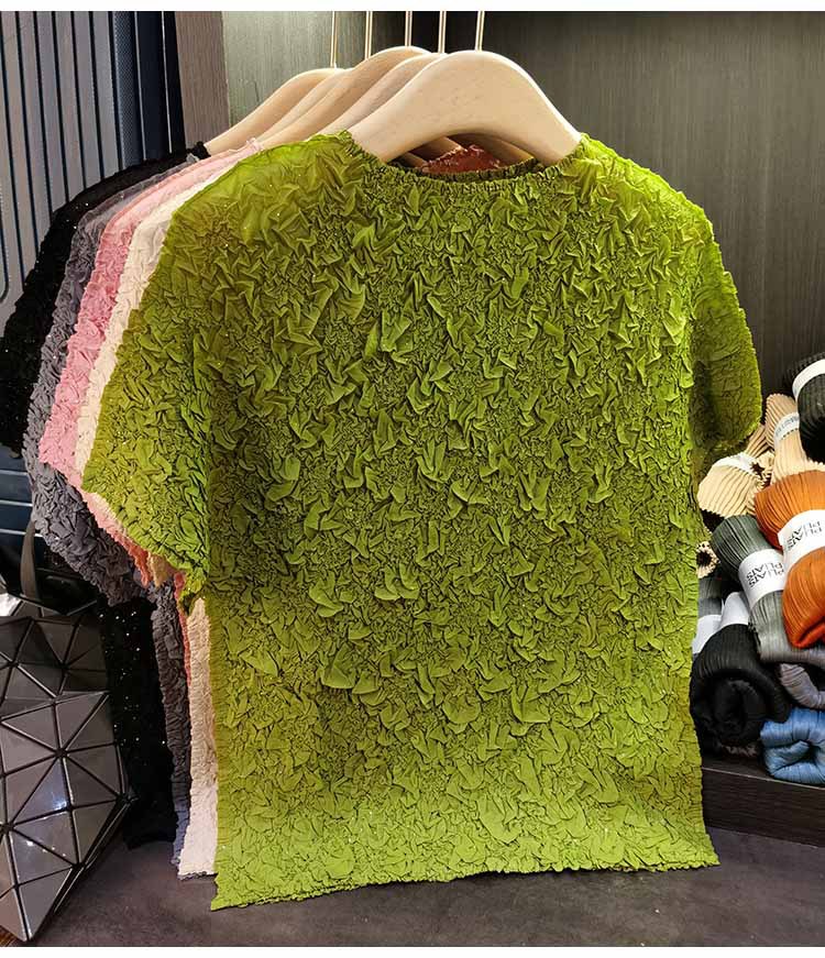 Áo thun ngắn tay nữ cổ tròn xếp li dập nổi kim cương, chất liệu cotton phối polyester, form suông thoải mái, phù hợp đi làm và dạo phố mùa hè — Màu hồng, Màu xanh lá, Màu mơ chi tiết 6