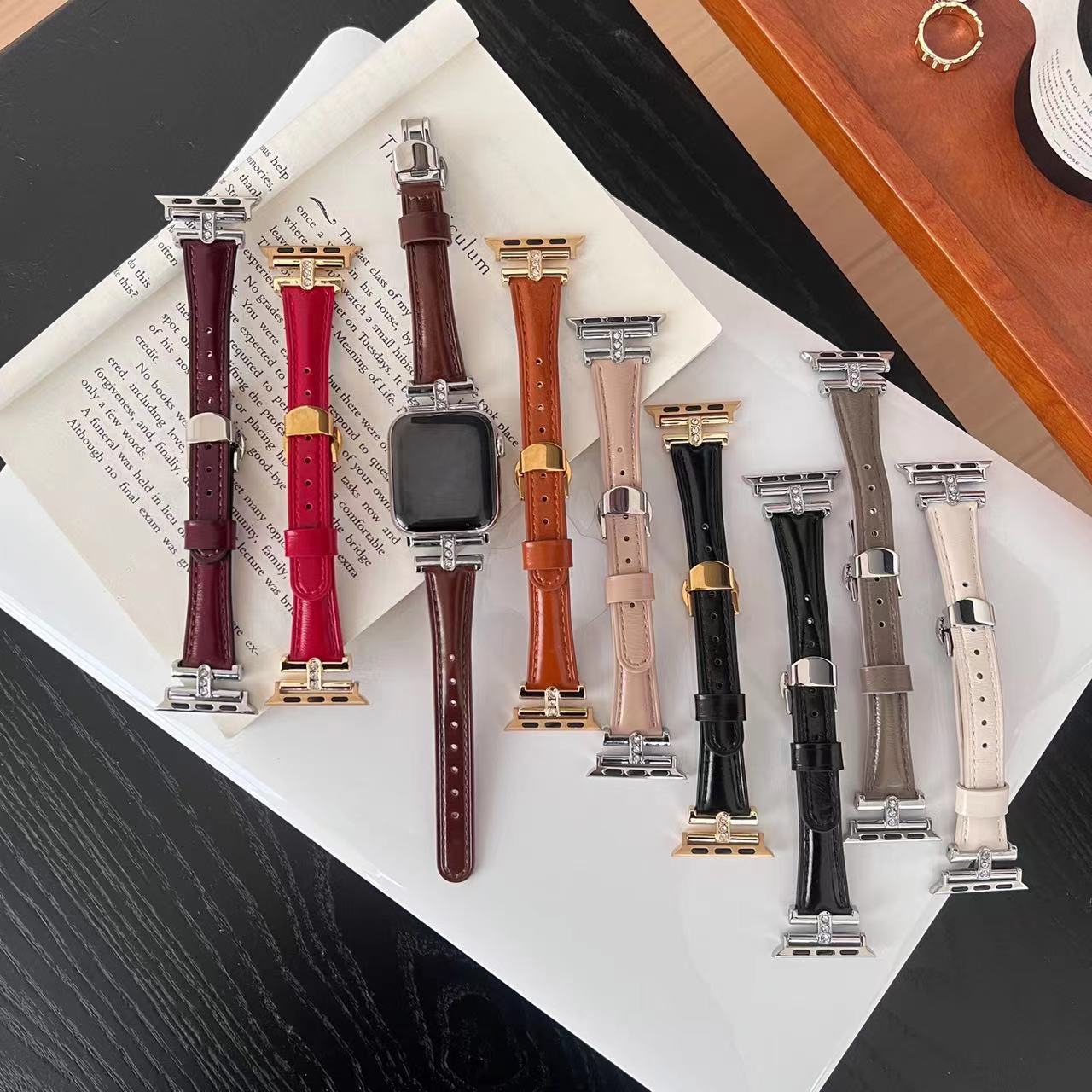 Arc De Triomphe Diamond-Encrusted Butterfly Buckle Glossy Leather Strap Suitable for Apple Watch Iwatch11 Generation 7654Se