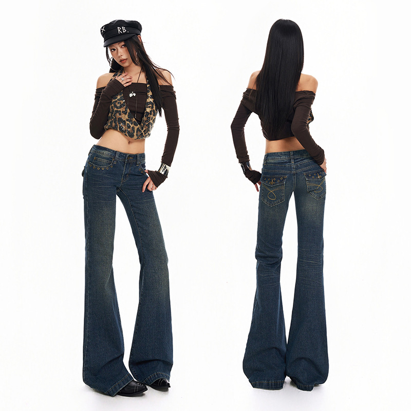American retro low-waist flared jeans for women, 2026 new style, slim-fit, studded, distressed, bell-bottom pants American retro low-waist flared jeans for women, 2026 new style, slim-fit, studded, distressed, bell-bottom pants