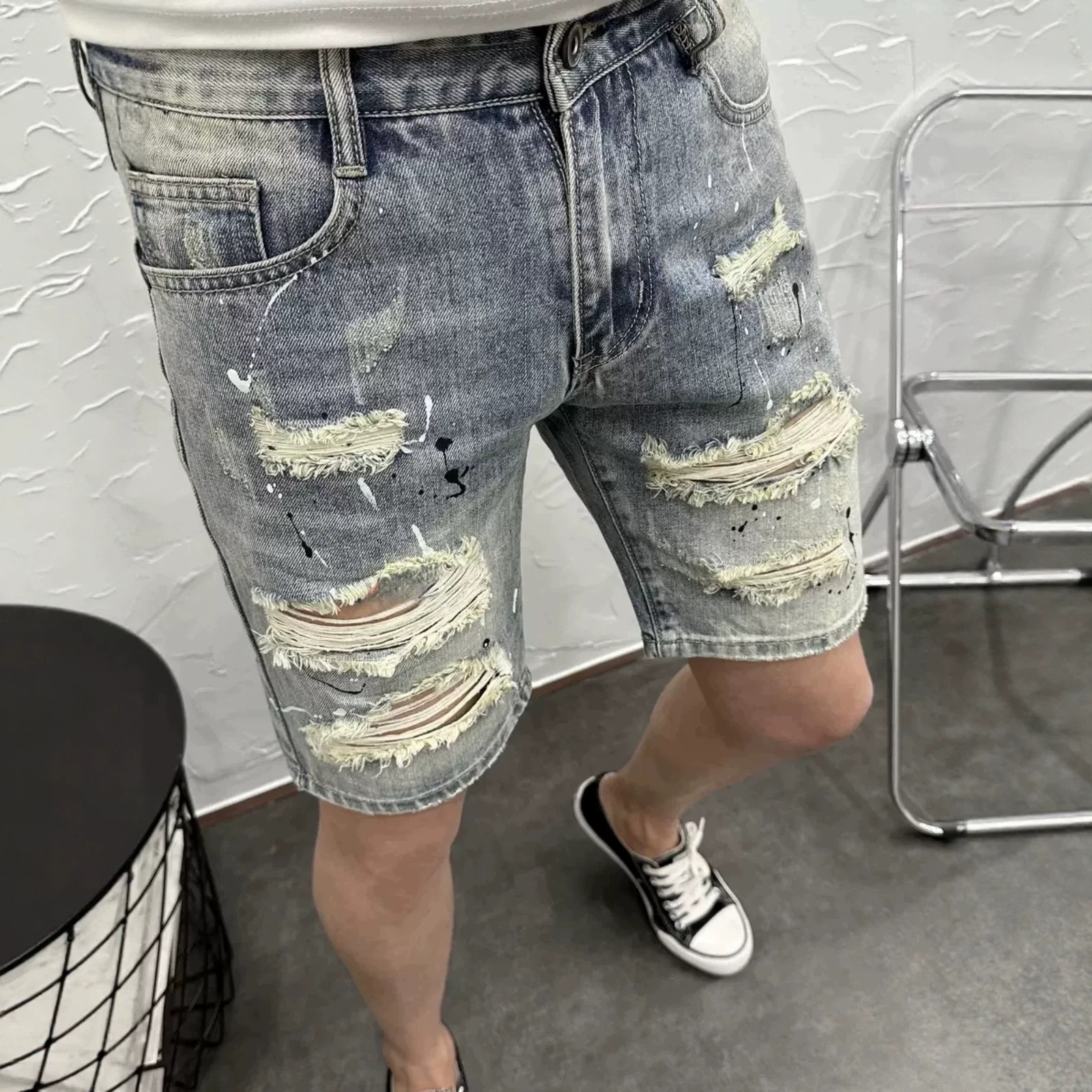 Retro-Jeansshorts für Herren im Used-Look mit Patchwork-Design, Stretch, lässige Sommerhose mit fünf Spitzenpunkten, trendiger Stil_voghion.com